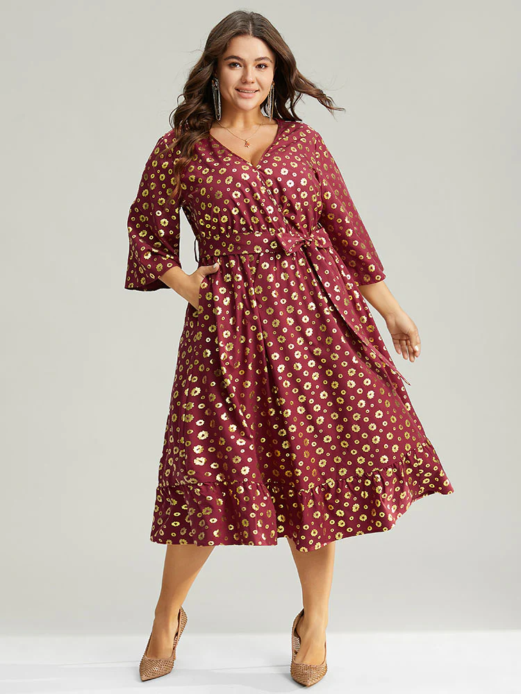 Colorblock Glitter Bowknot Belted Pocket Dress - Image 5