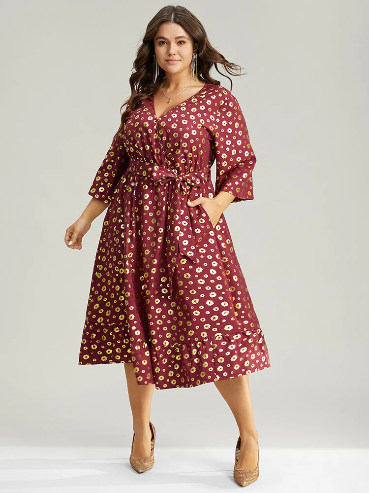 Colorblock Glitter Bowknot Belted Pocket Dress - Image 6