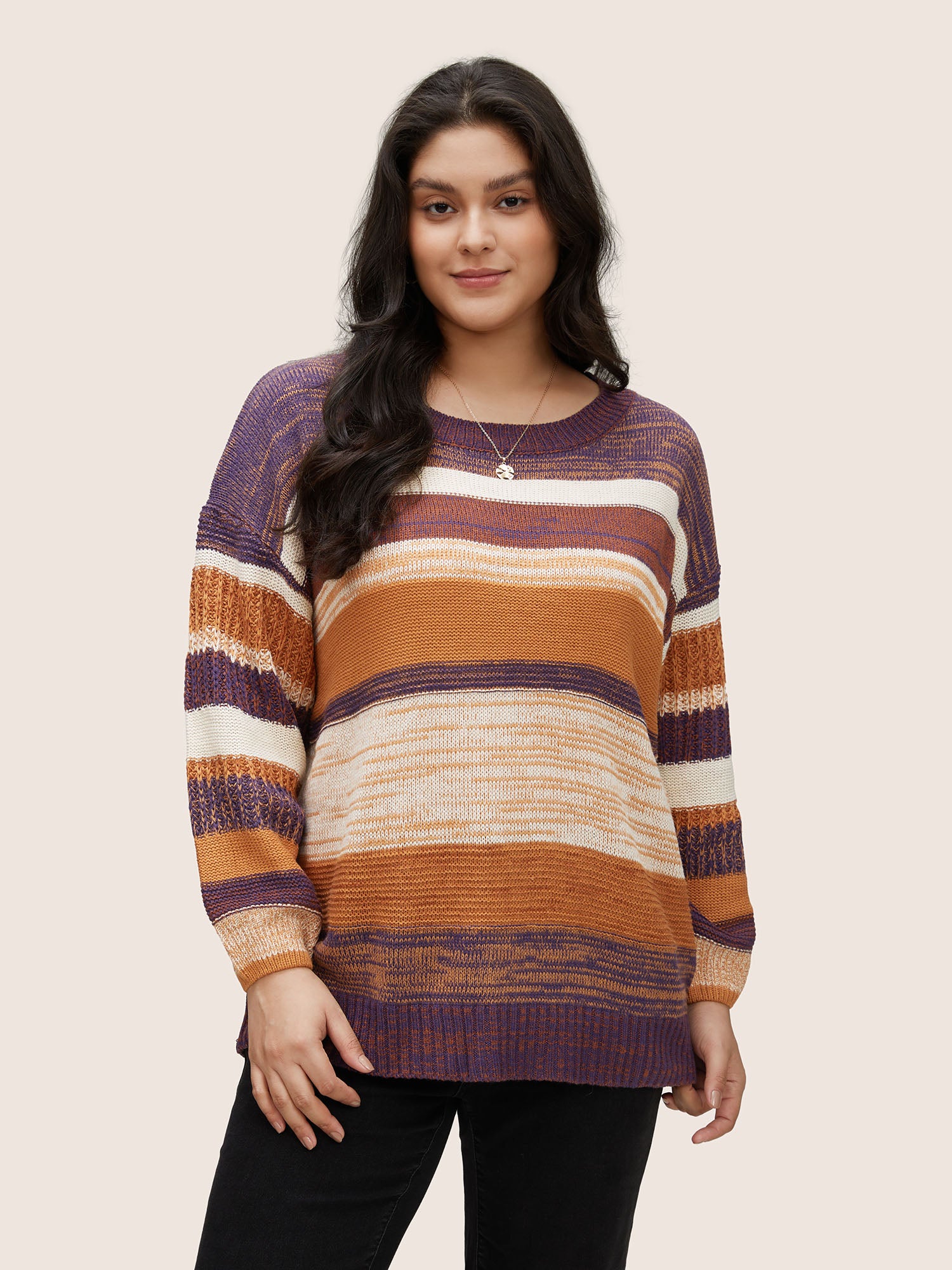 Colorblock Heather Drop Shoulder Loose Pullover - Image 3