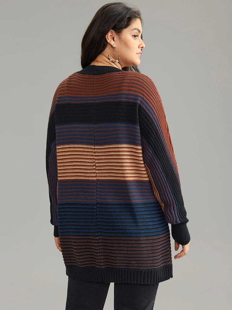 Colorblock Heather Batwing Sleeve Curved Hem Cardigan - Image 2