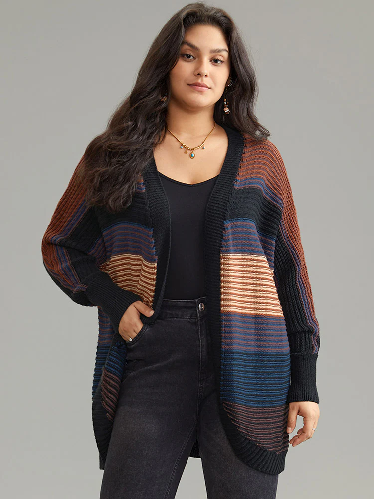Colorblock Heather Batwing Sleeve Curved Hem Cardigan - Image 3