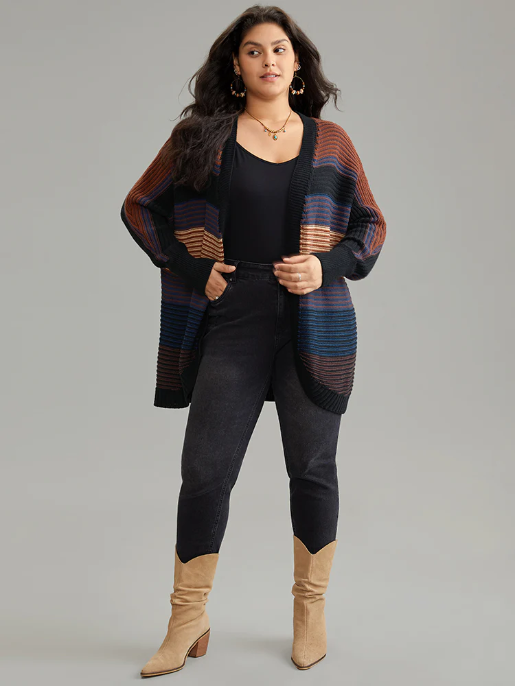 Colorblock Heather Batwing Sleeve Curved Hem Cardigan - Image 4