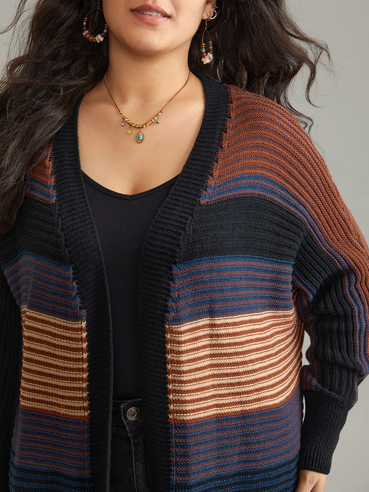Colorblock Heather Batwing Sleeve Curved Hem Cardigan - Image 5