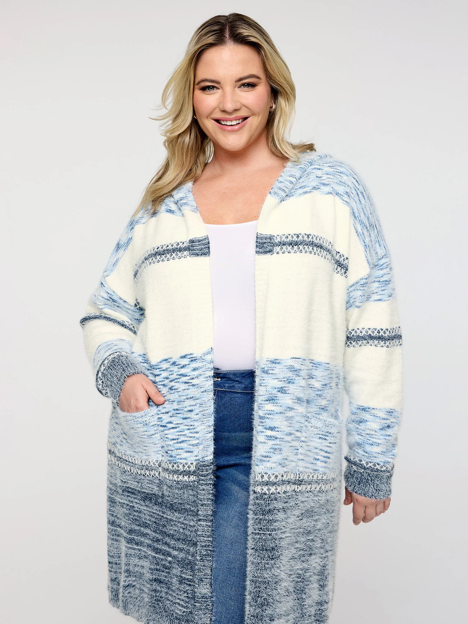 Colorblock Hooded Textured Knit Cardigan - Image 2