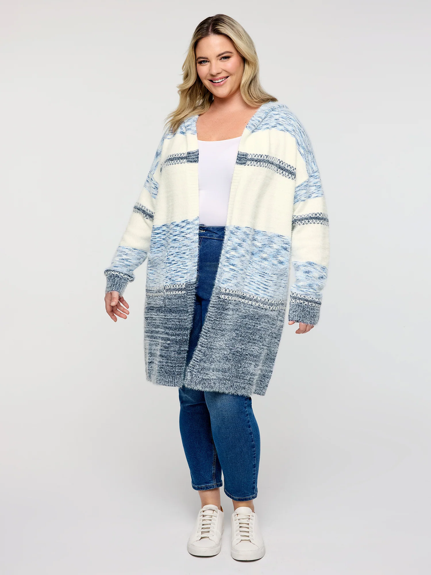 Colorblock Hooded Textured Knit Cardigan - Image 3