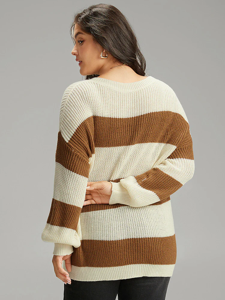 Colorblock Lantern Sleeve Loose Pullover - Image 2