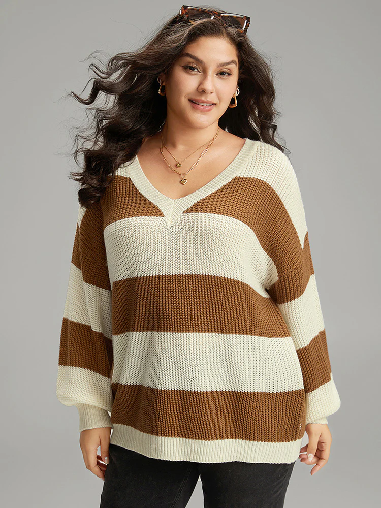 Colorblock Lantern Sleeve Loose Pullover - Image 3