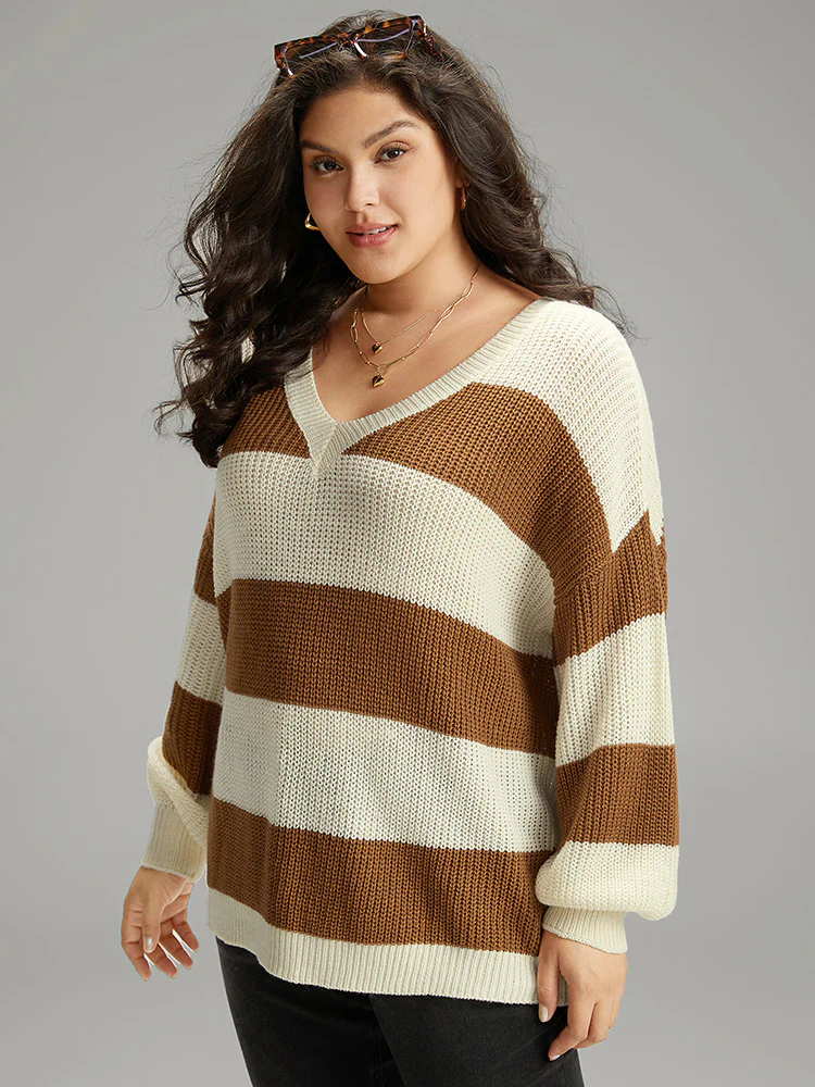 Colorblock Lantern Sleeve Loose Pullover - Image 4