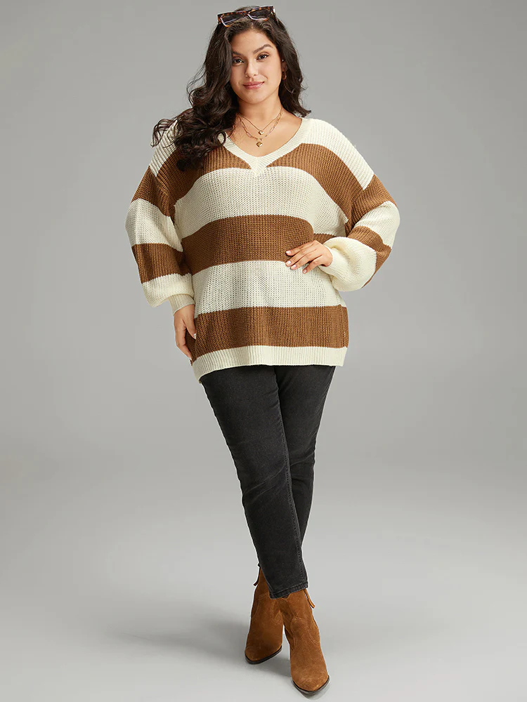 Colorblock Lantern Sleeve Loose Pullover - Image 5