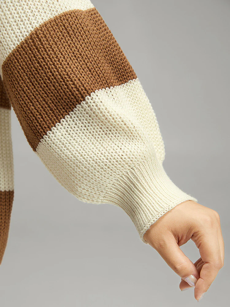 Colorblock Lantern Sleeve Loose Pullover - Image 7