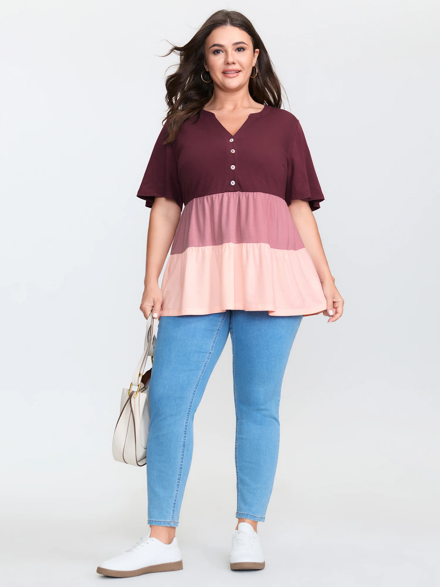 Colorblock Notched Collar Tiered T-Shirt - Image 3