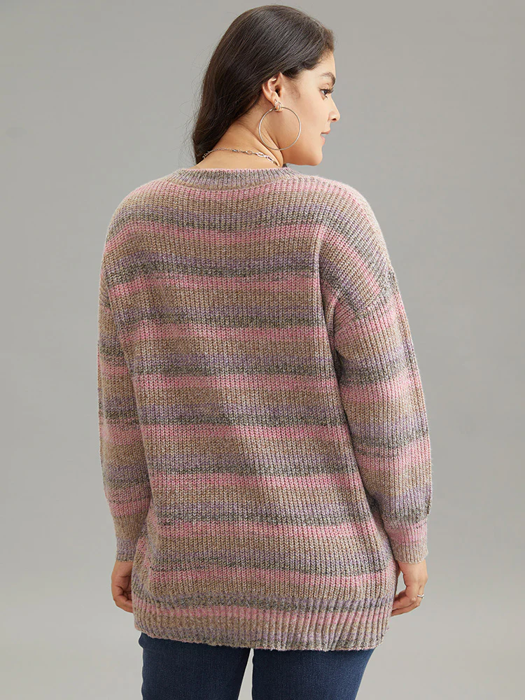 Colorblock Ombre Heather Loose V Neck Pullover - Image 2