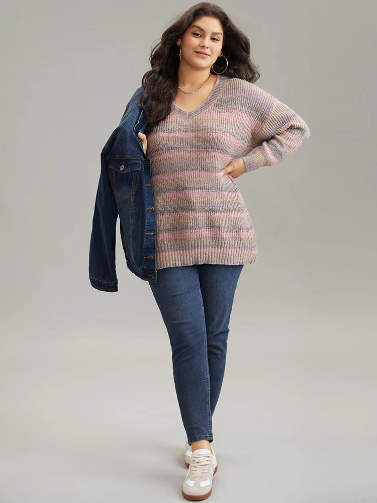 Colorblock Ombre Heather Loose V Neck Pullover - Image 3