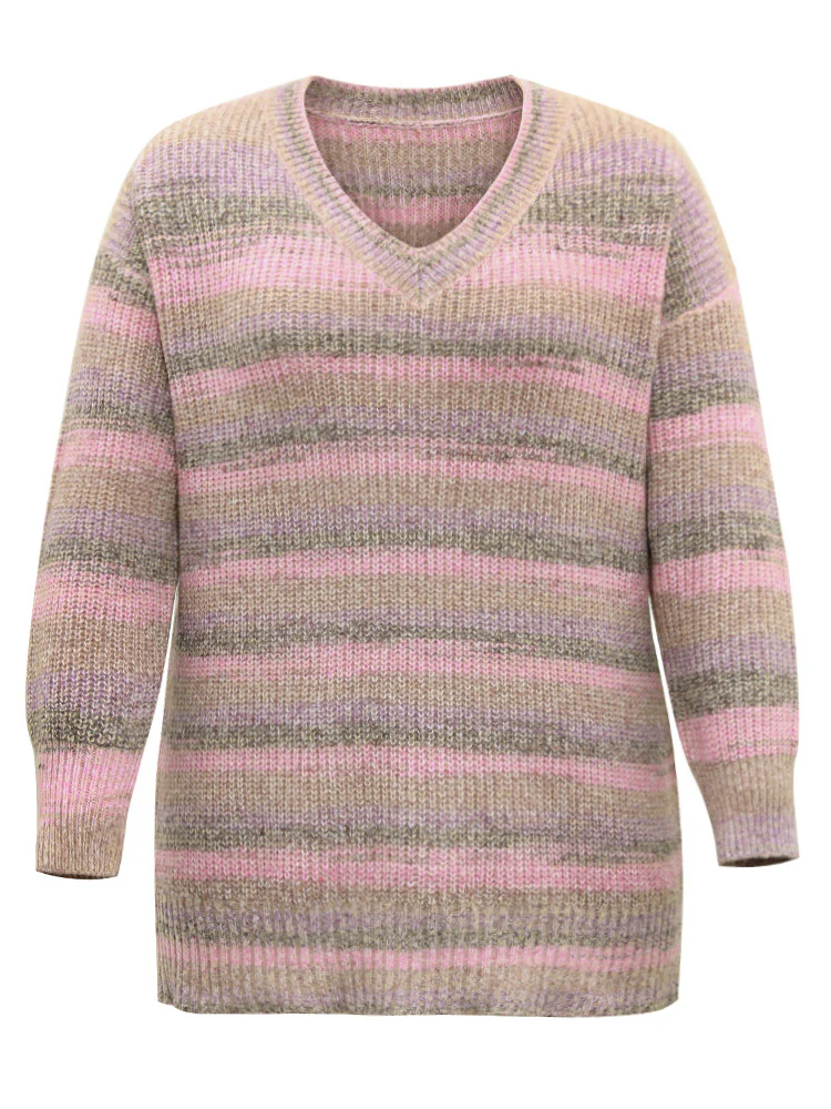 Colorblock Ombre Heather Loose V Neck Pullover - Image 5
