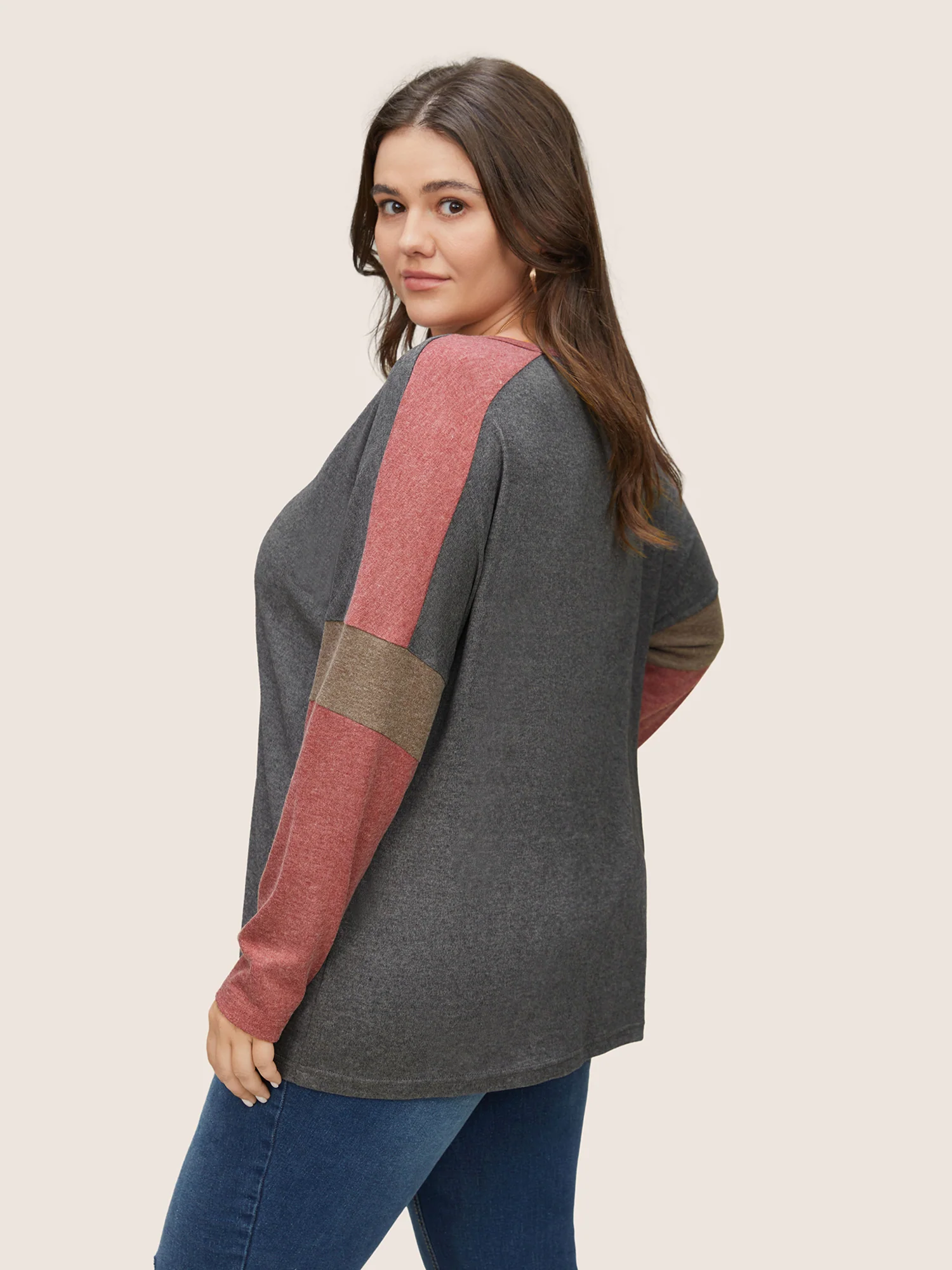Colorblock Patchwork Batwing Sleeve Notched T-shirt - Image 2