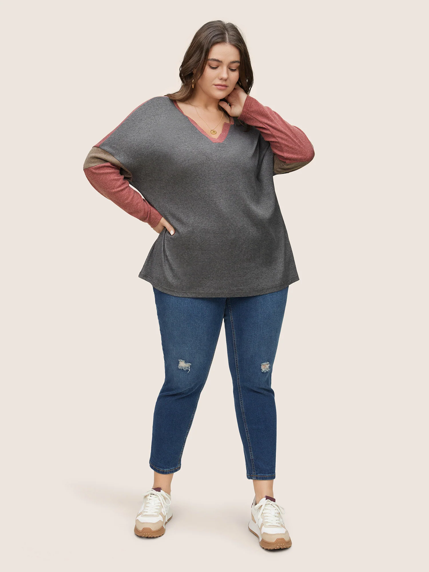 Colorblock Patchwork Batwing Sleeve Notched T-shirt - Image 3