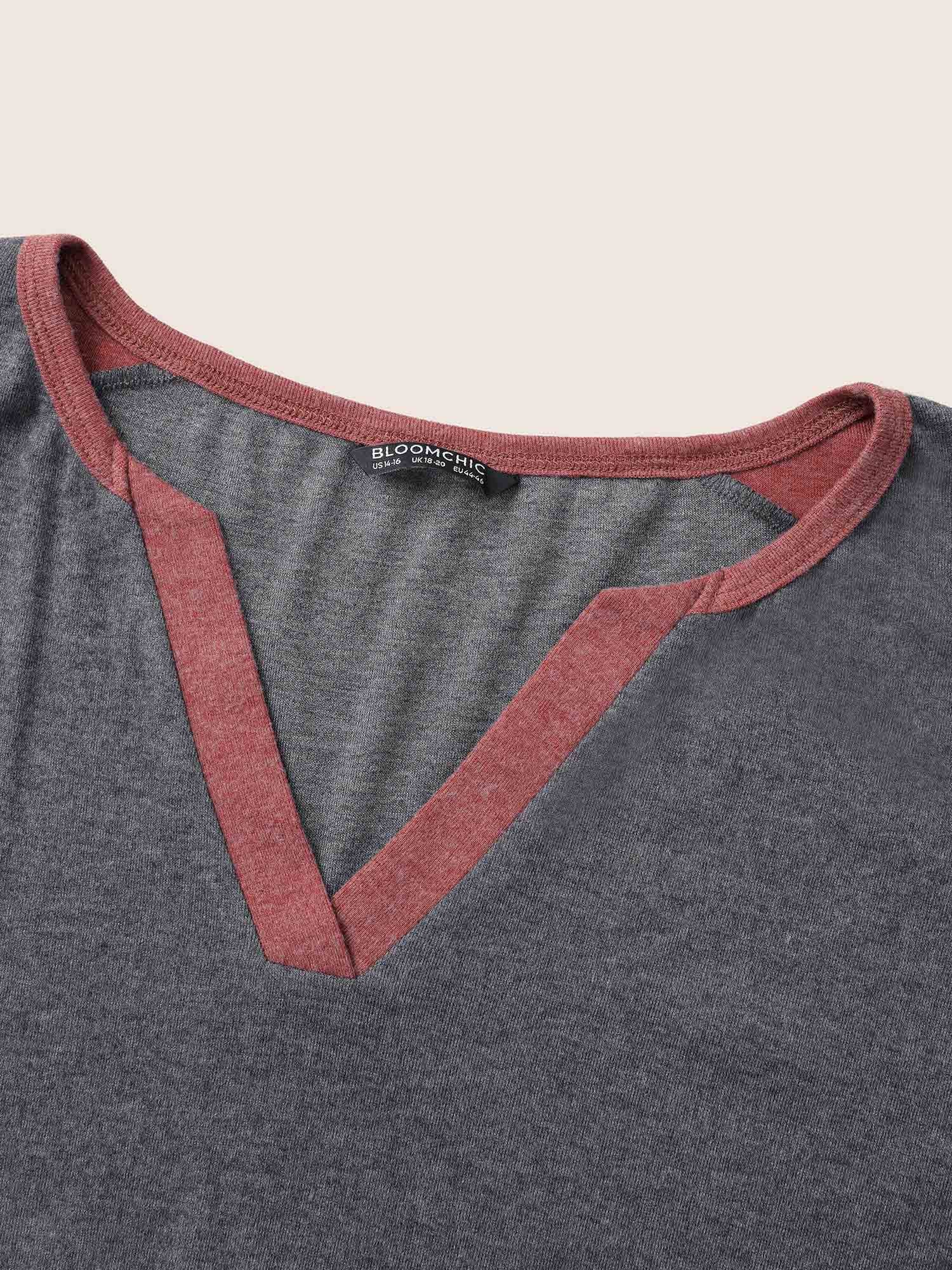 Colorblock Patchwork Batwing Sleeve Notched T-shirt - Image 5