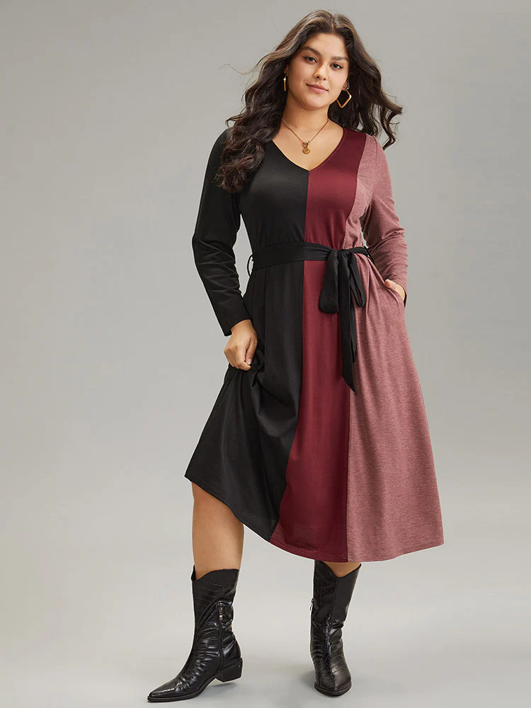 Colorblock Patchwork Belted Pocket Long Sleeve Dress