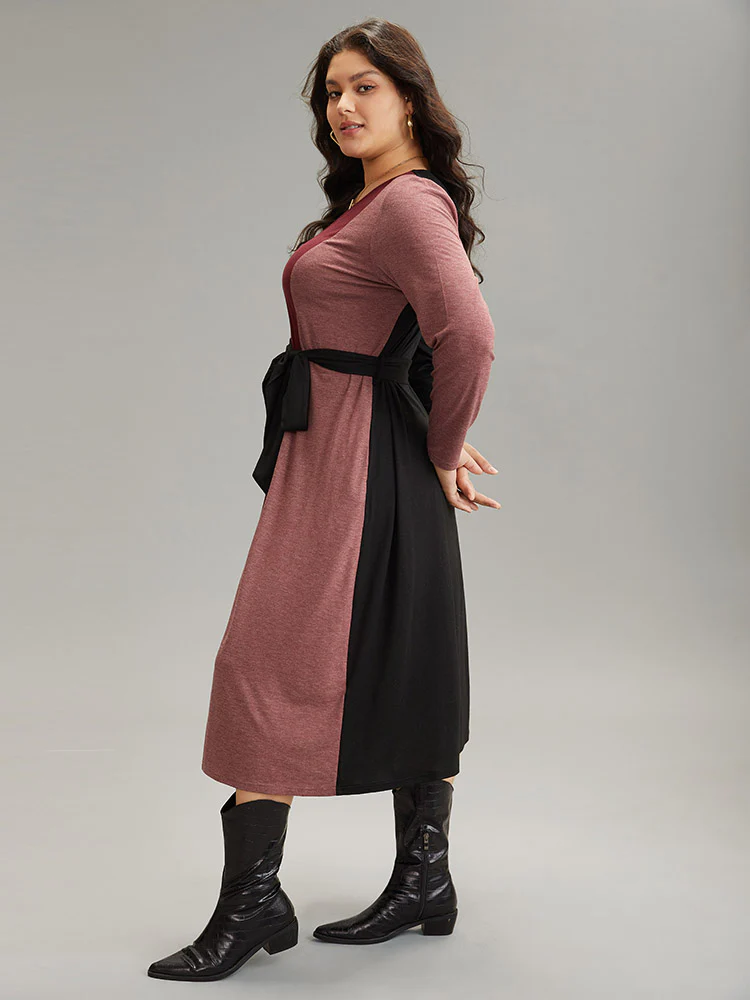 Colorblock Patchwork Belted Pocket Long Sleeve Dress - Image 2