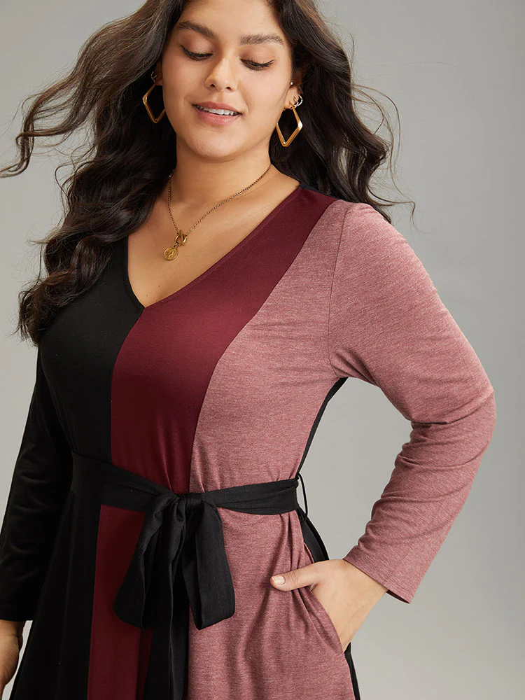 Colorblock Patchwork Belted Pocket Long Sleeve Dress - Image 3