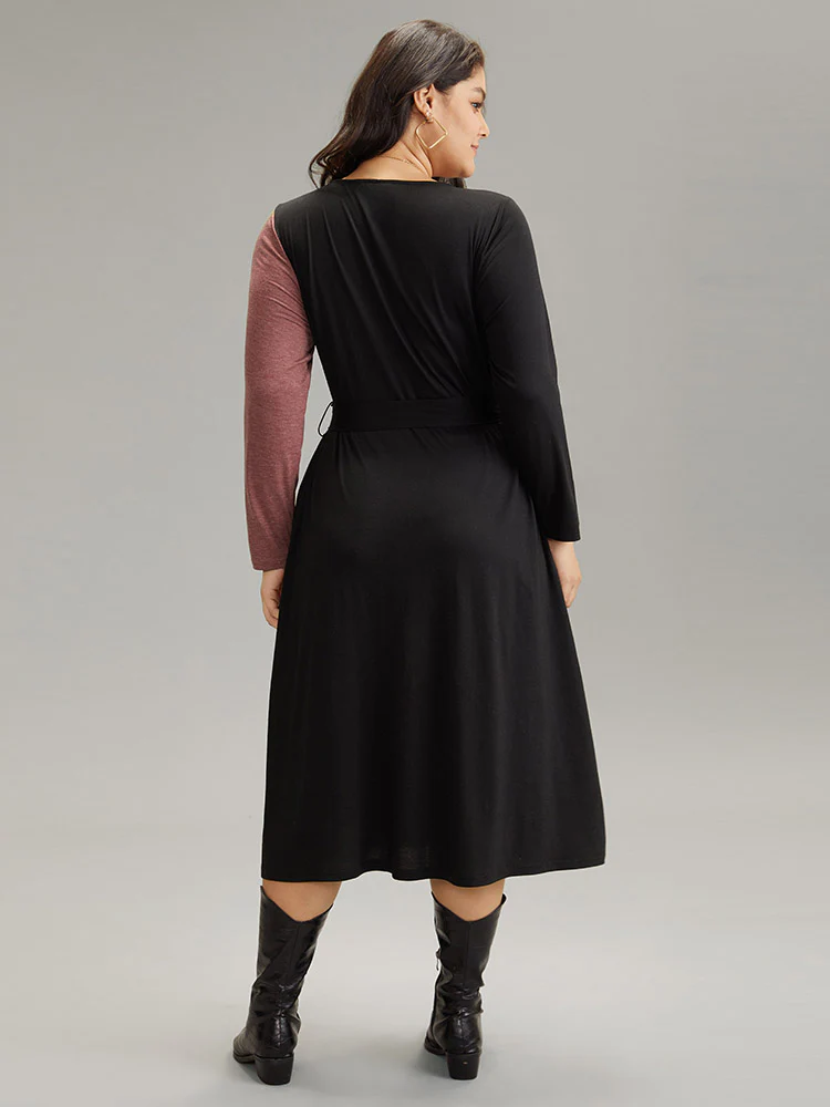 Colorblock Patchwork Belted Pocket Long Sleeve Dress - Image 4
