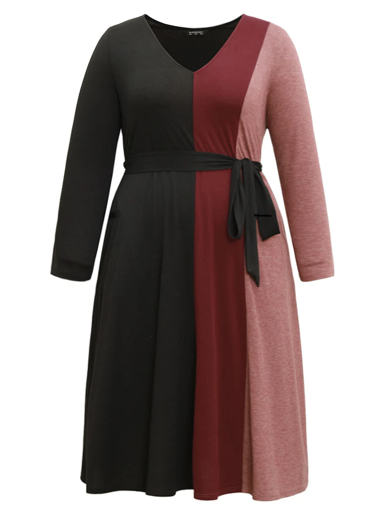 Colorblock Patchwork Belted Pocket Long Sleeve Dress - Image 5