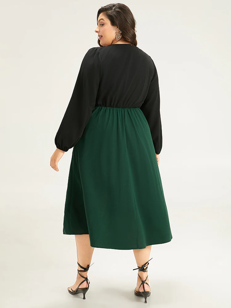 Colorblock Patchwork Button Detail Dress - Image 2