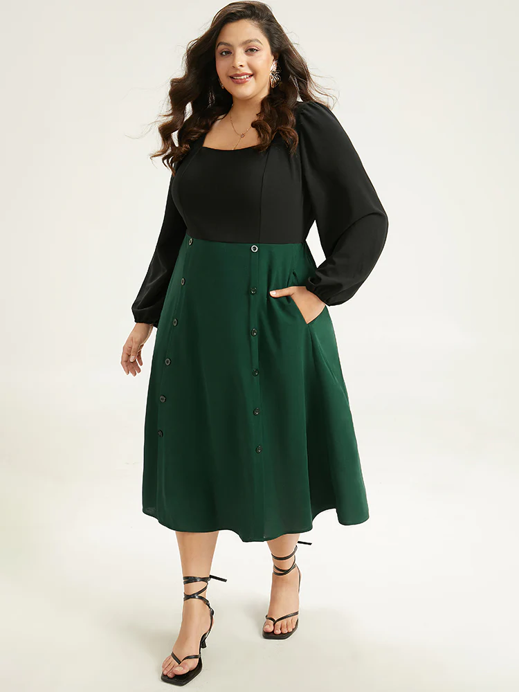 Colorblock Patchwork Button Detail Dress - Image 3