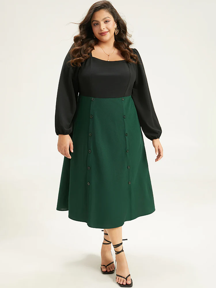 Colorblock Patchwork Button Detail Dress - Image 4