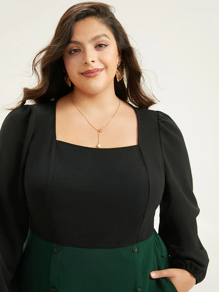 Colorblock Patchwork Button Detail Dress - Image 5