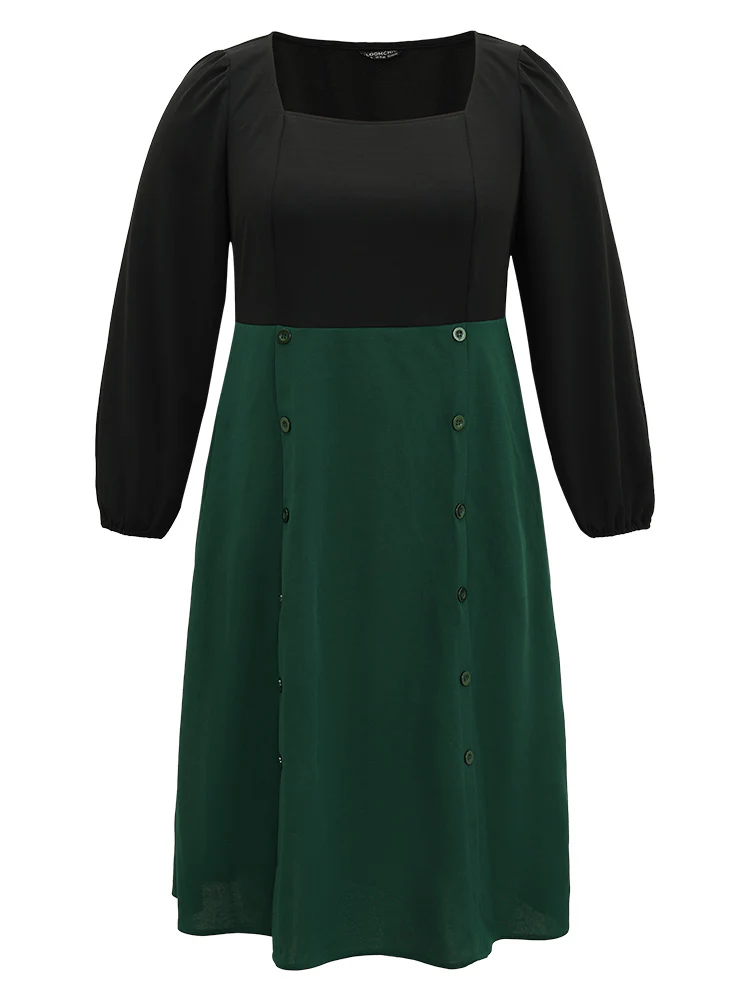 Colorblock Patchwork Button Detail Dress - Image 9