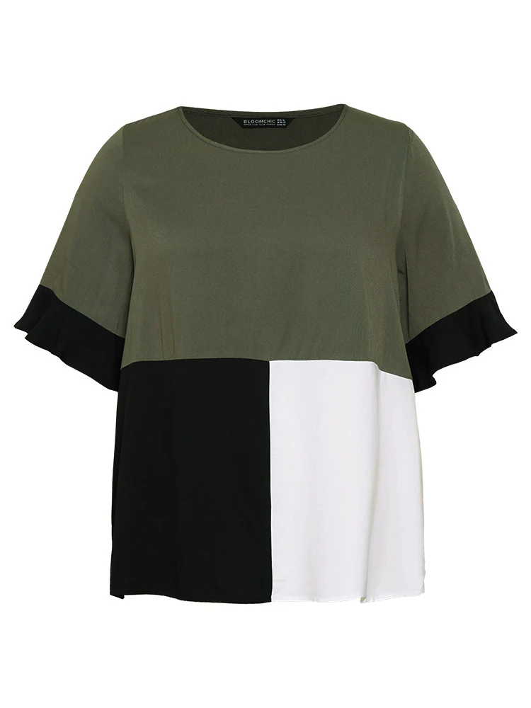Colorblock Patchwork Flutter Half Sleeve Blouse - Image 10