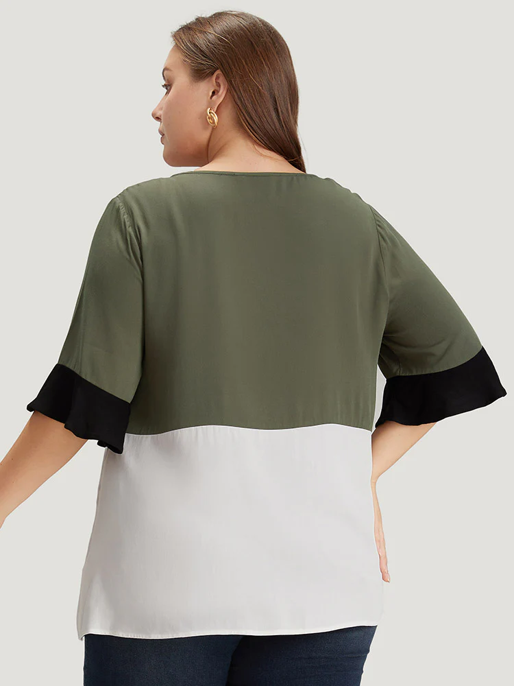 Colorblock Patchwork Flutter Half Sleeve Blouse - Image 2