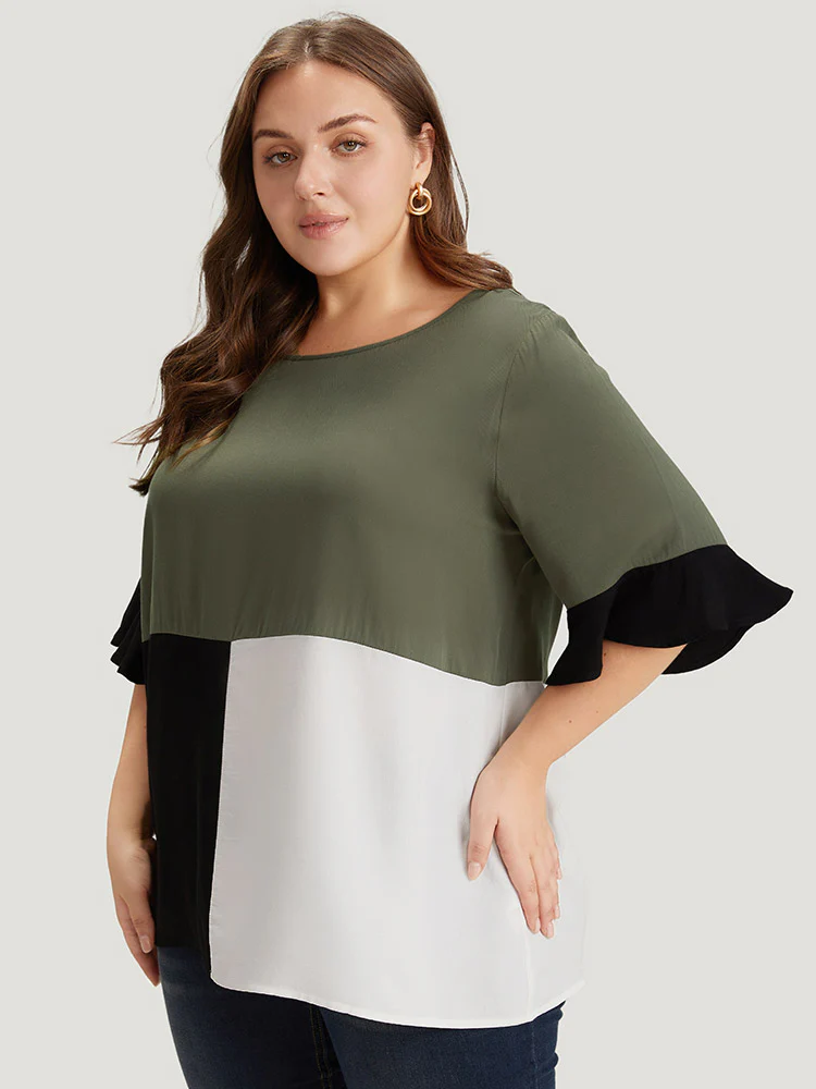 Colorblock Patchwork Flutter Half Sleeve Blouse - Image 3