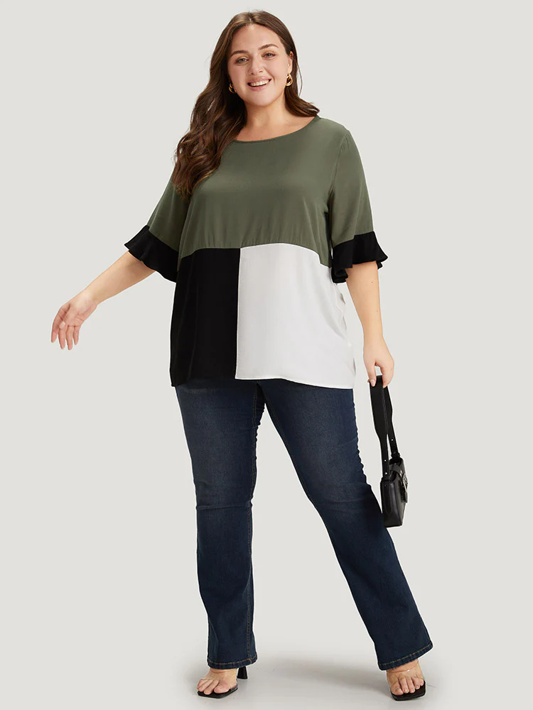 Colorblock Patchwork Flutter Half Sleeve Blouse - Image 4