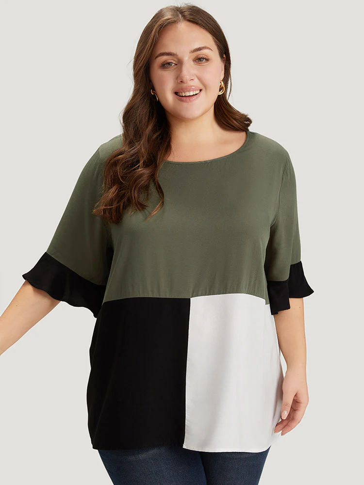 Colorblock Patchwork Flutter Half Sleeve Blouse - Image 5