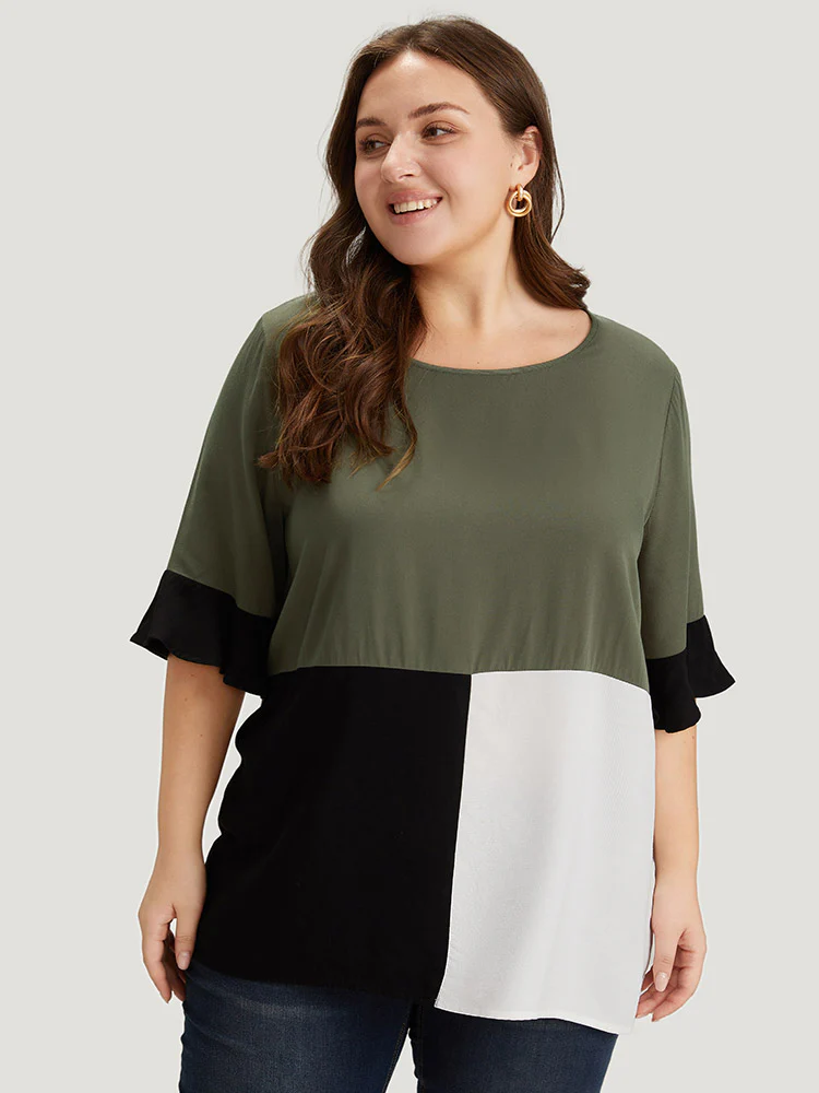 Colorblock Patchwork Flutter Half Sleeve Blouse - Image 6