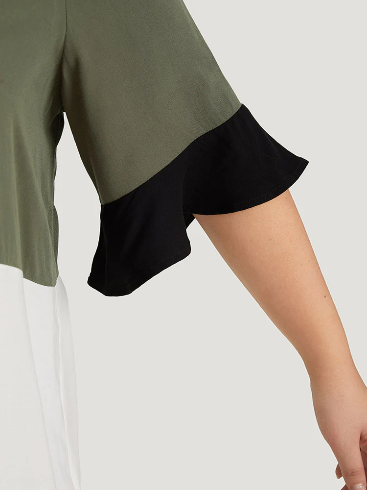 Colorblock Patchwork Flutter Half Sleeve Blouse - Image 9