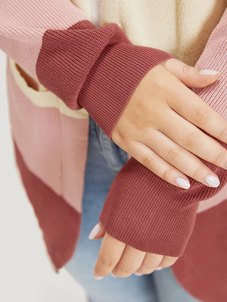Colorblock Patchwork Patched Pocket Elastic Cuffs Cardigan - Image 6