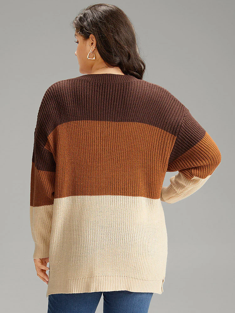 Colorblock Patchwork Split Side Drop Shoulder Pullover - Image 2