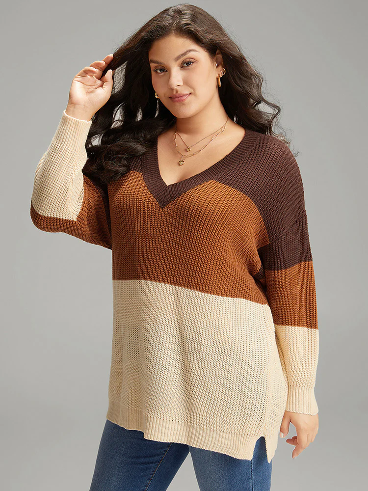 Colorblock Patchwork Split Side Drop Shoulder Pullover - Image 3