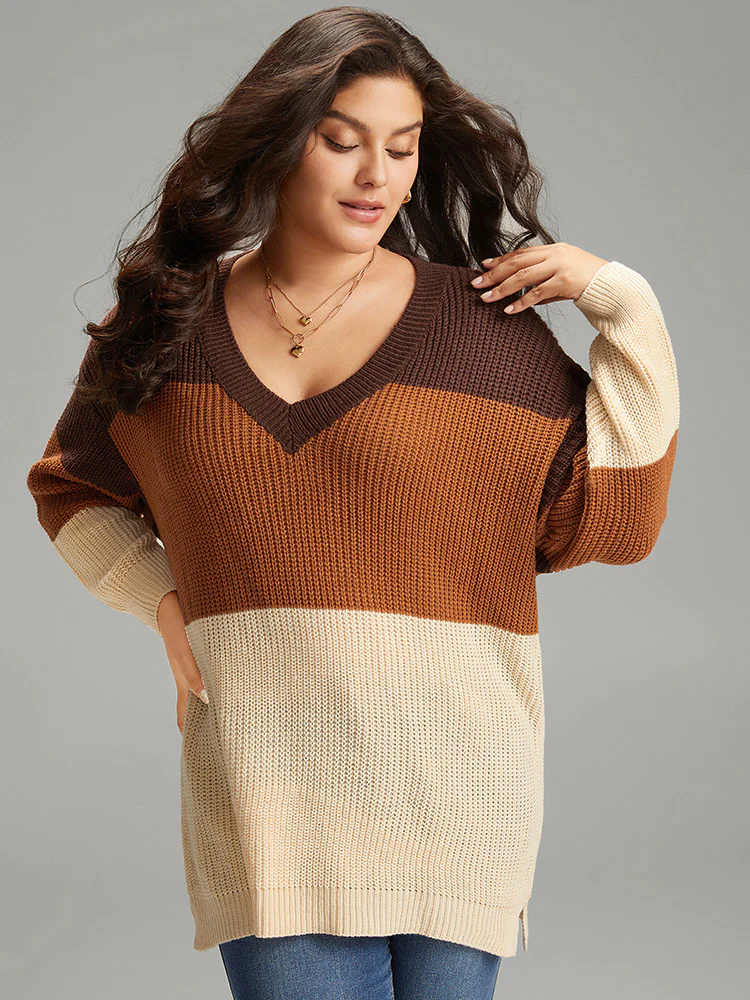 Colorblock Patchwork Split Side Drop Shoulder Pullover - Image 4