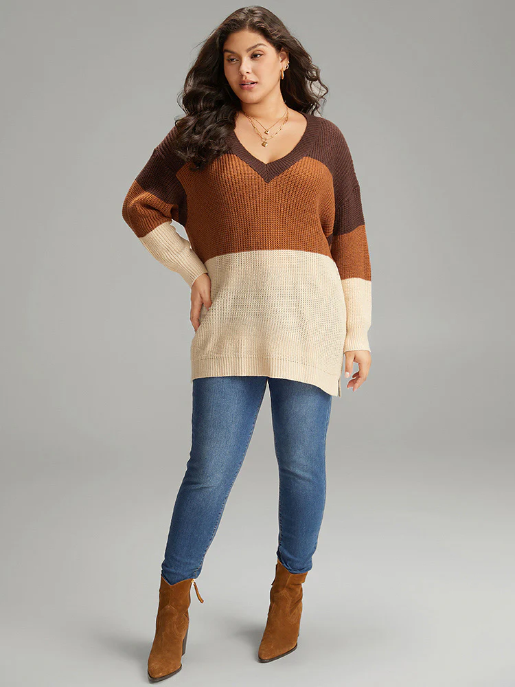 Colorblock Patchwork Split Side Drop Shoulder Pullover - Image 5