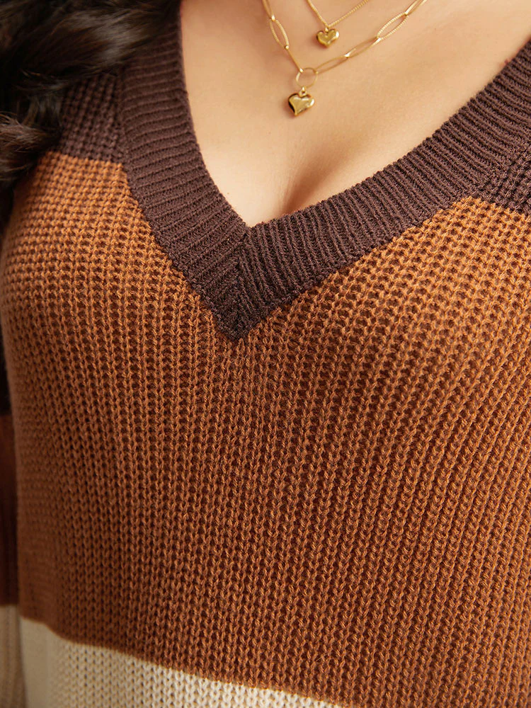 Colorblock Patchwork Split Side Drop Shoulder Pullover - Image 8