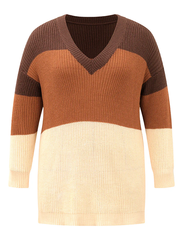 Colorblock Patchwork Split Side Drop Shoulder Pullover - Image 9