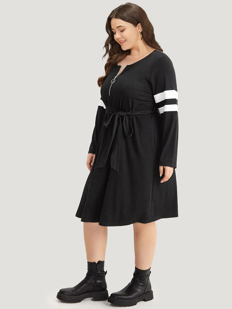 Colorblock Patchwork Zipper Belted Dress - Image 2