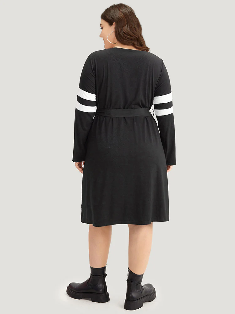 Colorblock Patchwork Zipper Belted Dress - Image 3