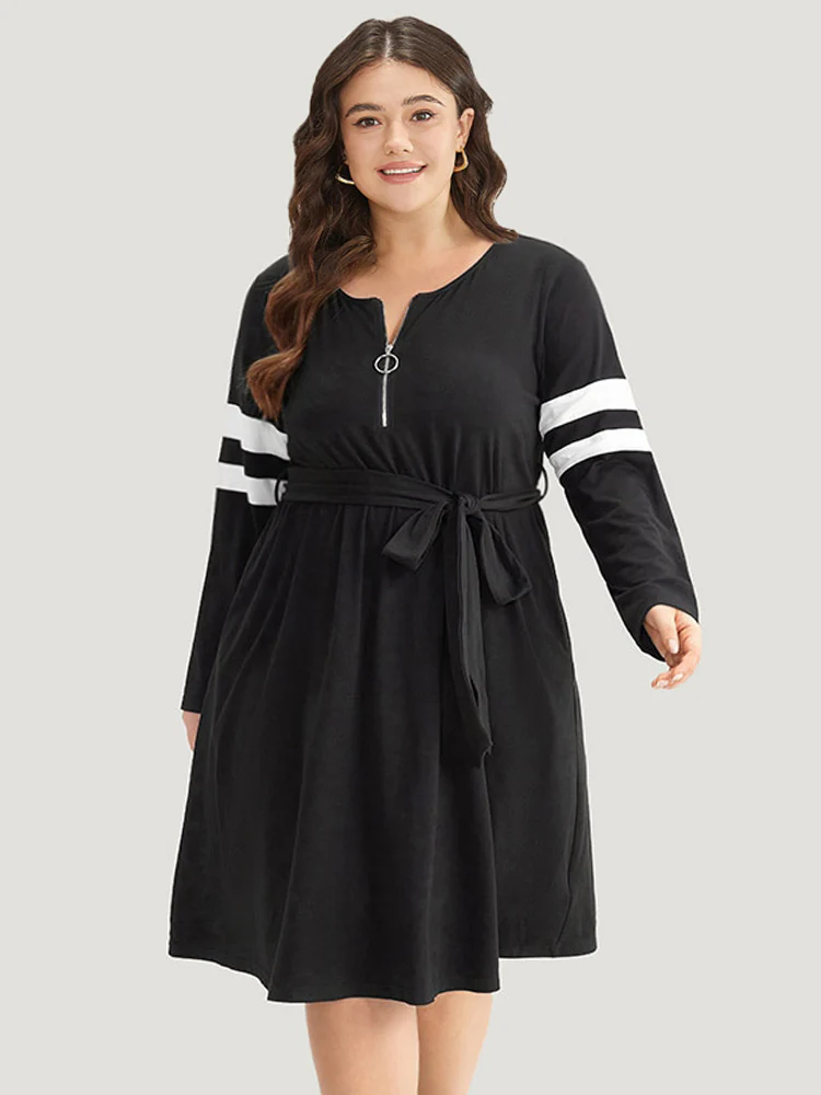 Colorblock Patchwork Zipper Belted Dress - Image 4
