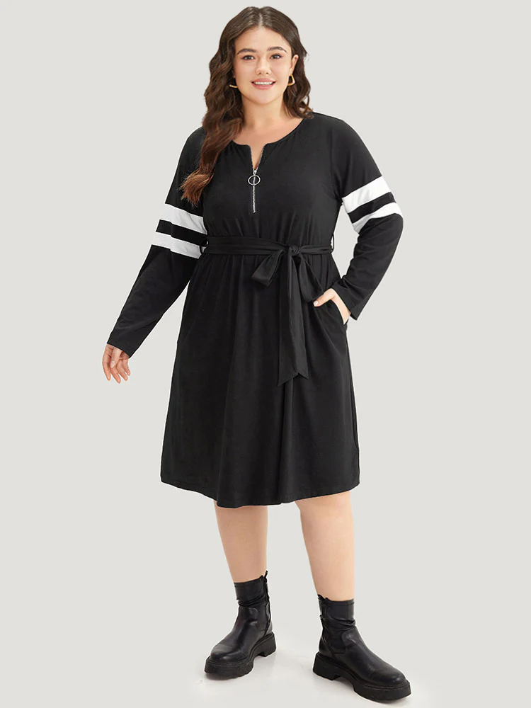 Colorblock Patchwork Zipper Belted Dress - Image 5