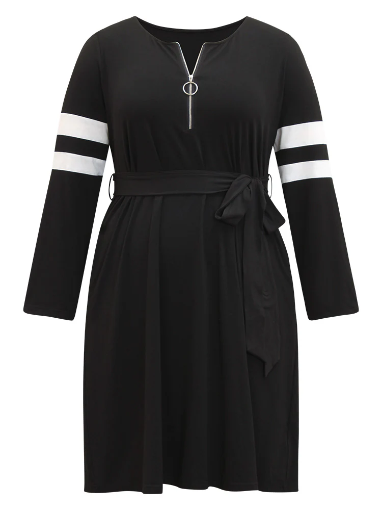 Colorblock Patchwork Zipper Belted Dress - Image 8